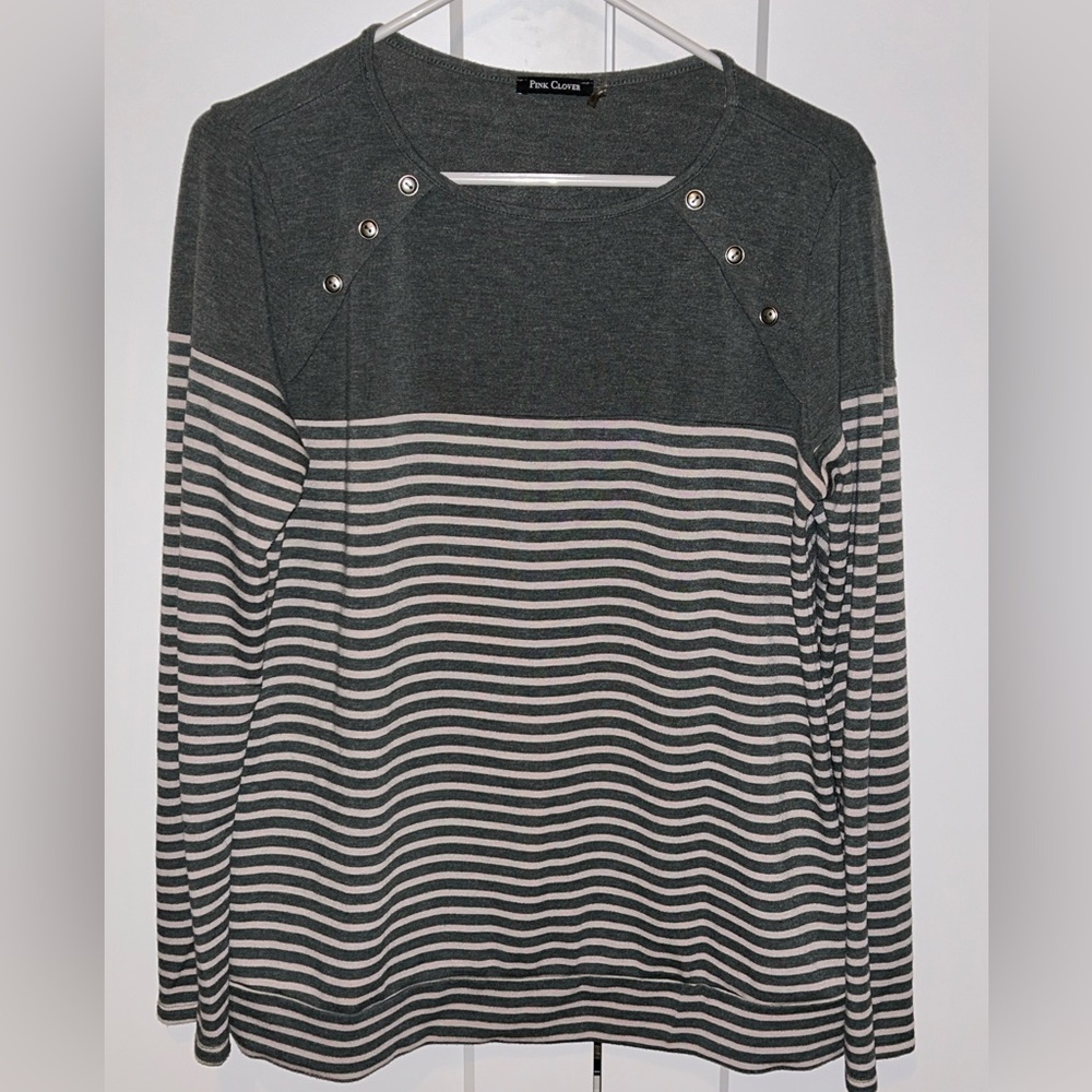 Pink Clover Striped Button Accent Long Sleeve Top - Green & Cream